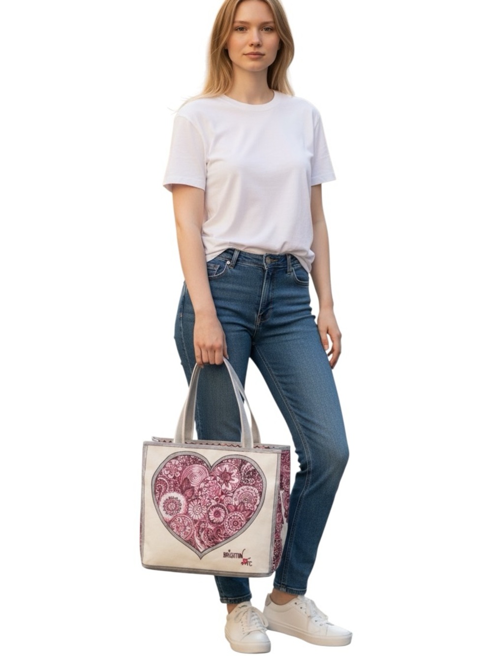 Brighton Pink Beige Graphic Heart Tote with Slogan Print